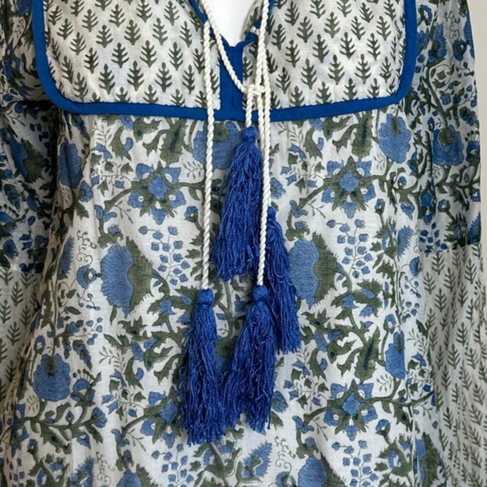 SZ Blockprints Boho Floral Tunic Silk Cotton Tassel Tie Blue Green Block Print S - Picture 4 of 12
